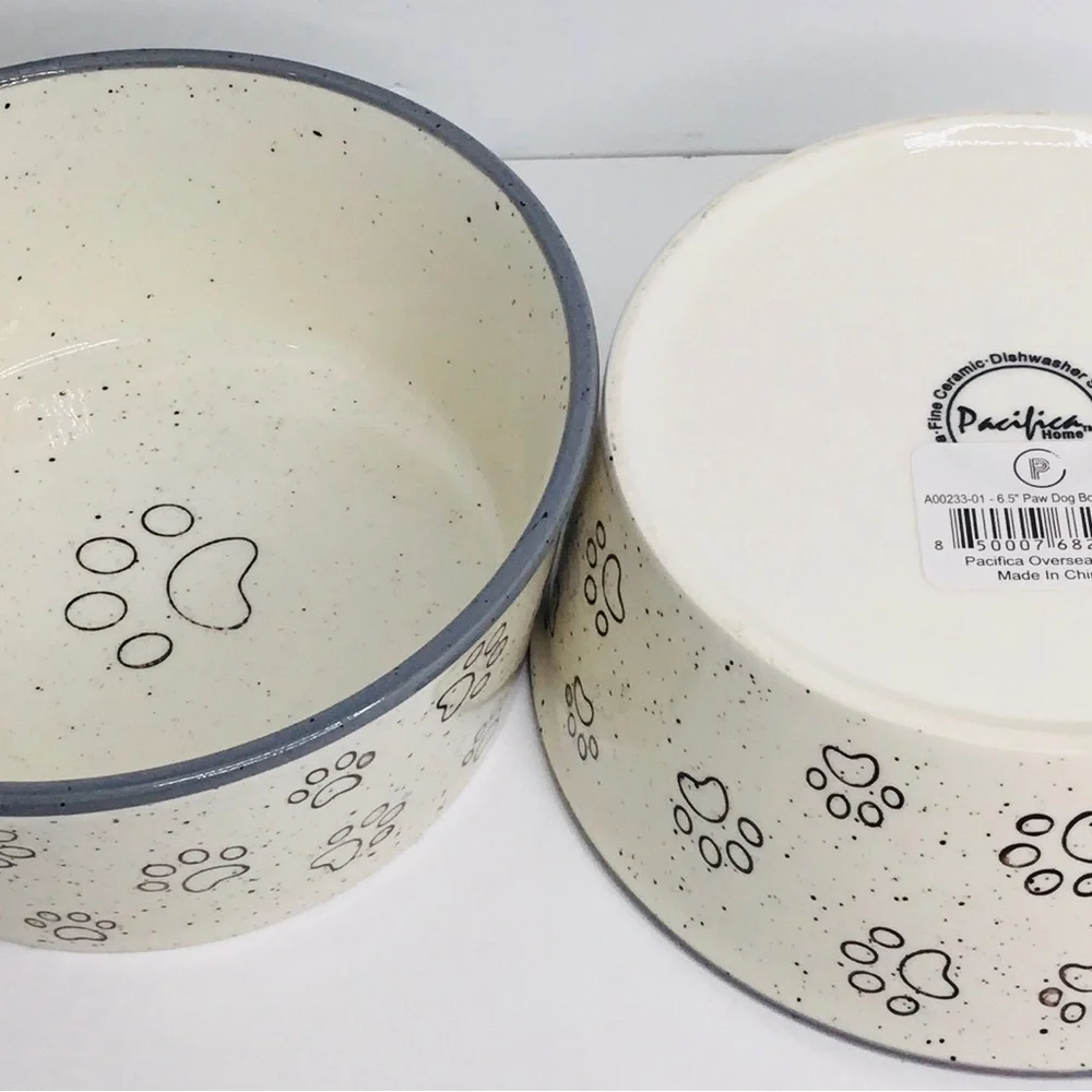 2 Pet Bowl Cat Kitten PAWS Food Water Dish Bowl Pacifica Pottery Gray New
